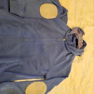 Mens cotton knit sweater hoodie zip up Medium navy Blue leather patch